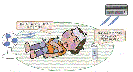 脇の下、太ももの付け根を冷やす、水分を少しづつ